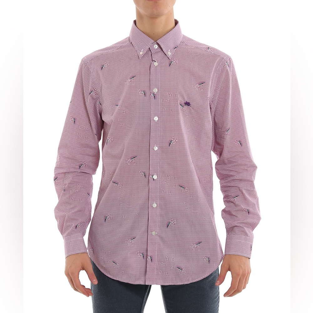 Men's Pink Checkered Shirt embroidered birds NWOT pink and white size 39/ small